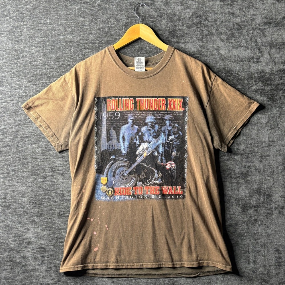 Rolling Thunder Ride to the Wall 2016 T-Shirt Brown Mens L Distressed Grunge Y2K